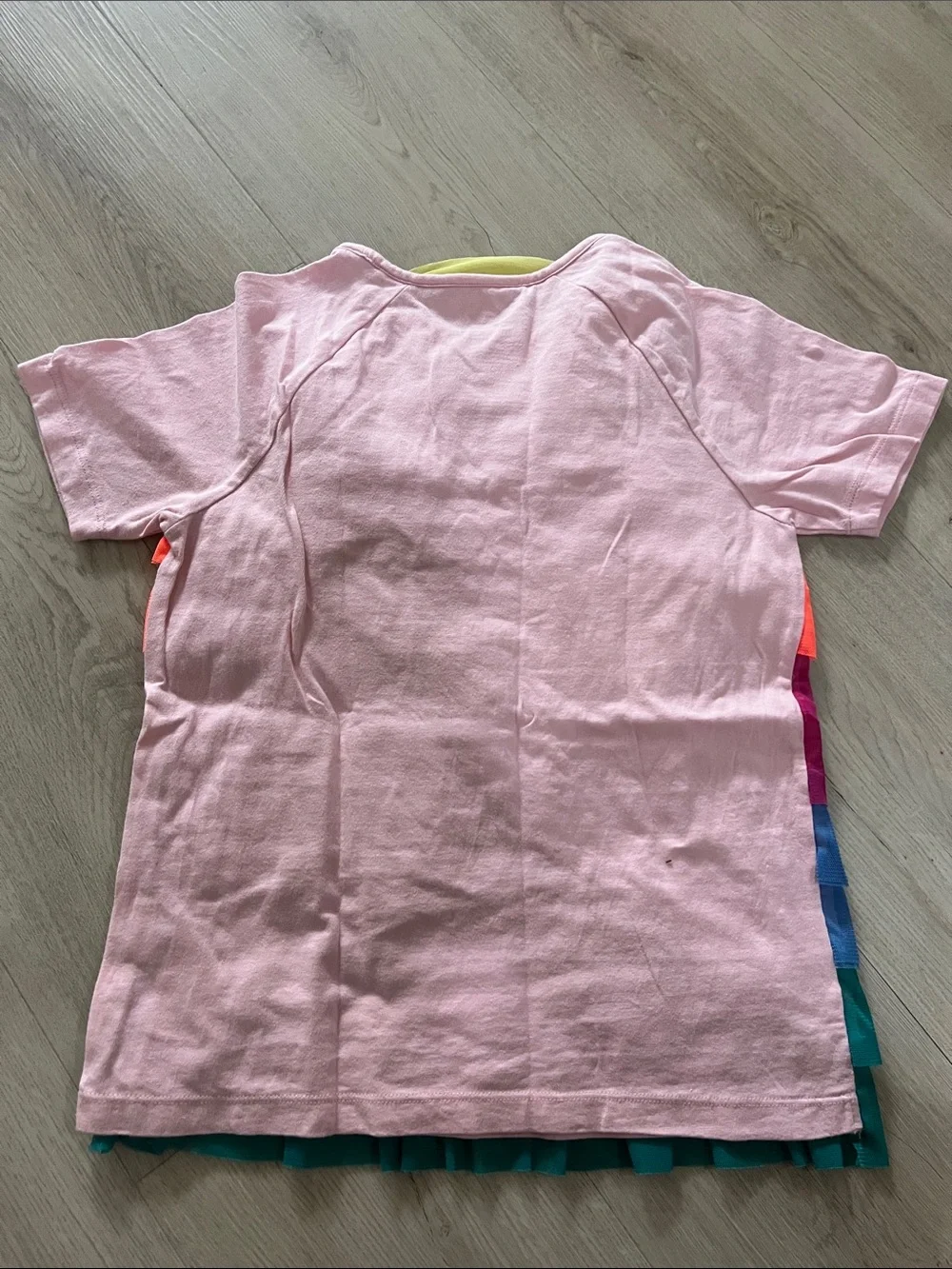 Mini Boden Pink Tee with Rainbow Ruffle Front